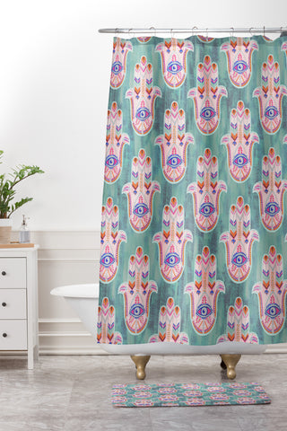 Schatzi Brown Hamsa Mint Shower Curtain And Mat