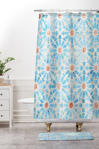 Schatzi Brown Hara Tiles Light Blue Shower Curtain And Mat