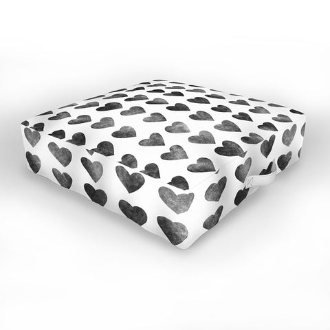 Schatzi Brown Heart Stamps Black and White Outdoor Floor Cushion