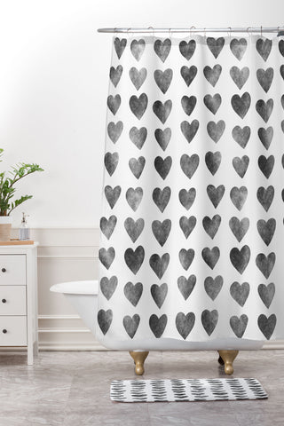 Schatzi Brown Heart Stamps Black and White Shower Curtain And Mat