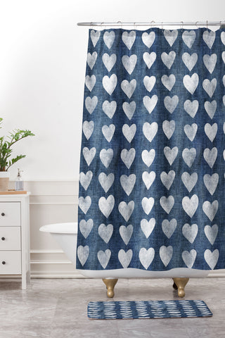 Schatzi Brown Heart Stamps Denim Shower Curtain And Mat