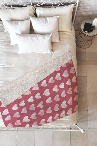 Schatzi Brown Heart Stamps Pink Fleece Throw Blanket
