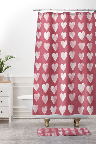 Schatzi Brown Heart Stamps Pink Shower Curtain And Mat