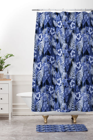Schatzi Brown Hula Hibiscus Dark Blue Shower Curtain And Mat
