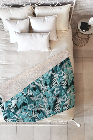 Schatzi Brown Hula Hibiscus Emerald Fleece Throw Blanket