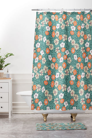 Schatzi Brown Jirra Floral Green Shower Curtain And Mat