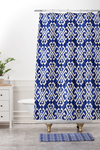 Schatzi Brown Justina Criss Cross Blue Shower Curtain And Mat