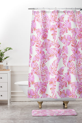 Schatzi Brown Lani Kai Leaf Pink Shower Curtain And Mat