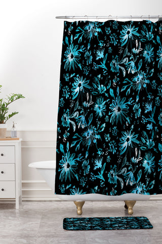Schatzi Brown Lovely Floral Black Turquoise Shower Curtain And Mat