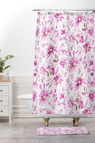 Schatzi Brown Lovely Floral Pink Shower Curtain And Mat
