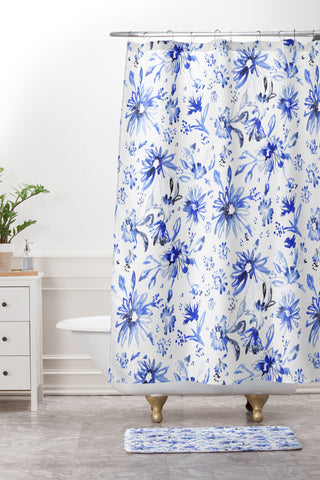 Schatzi Brown Lovely Floral White Blue Shower Curtain And Mat