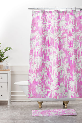 Schatzi Brown Maui Palm 2 Pink Shower Curtain And Mat