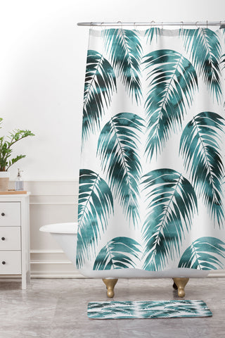 Schatzi Brown Maui Palm Green and White Shower Curtain And Mat