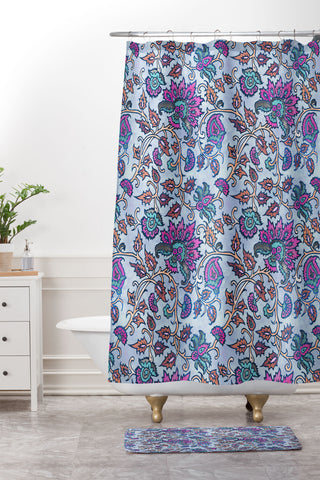 Schatzi Brown Mendhi Floral Periwinkle Shower Curtain And Mat