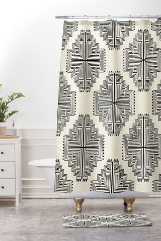 Schatzi Brown Nora Farmhouse Black and Cream Shower Curtain And Mat