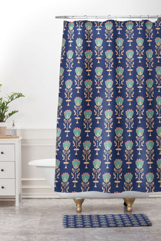 Schatzi Brown Norr Flower Blue Shower Curtain And Mat