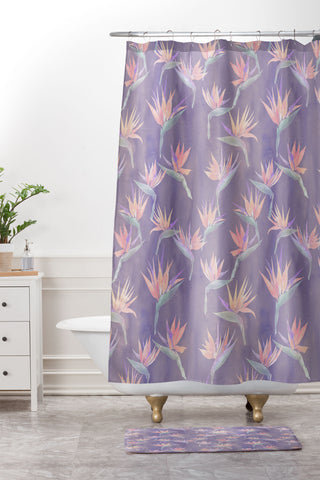 Schatzi Brown Painted Bird Lilac Shower Curtain And Mat