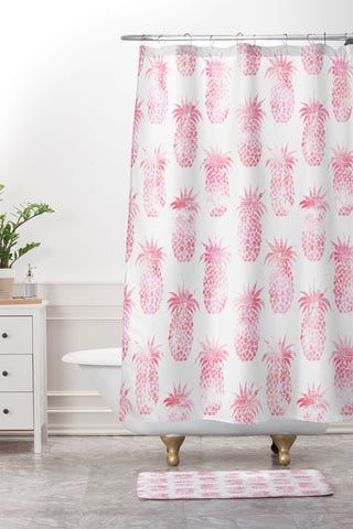 Schatzi Brown Pineapple Pink Shower Curtain And Mat