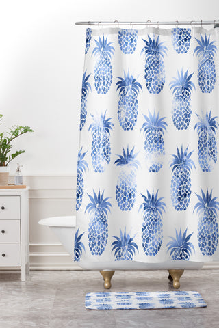 Schatzi Brown Pineapples Blue Shower Curtain And Mat
