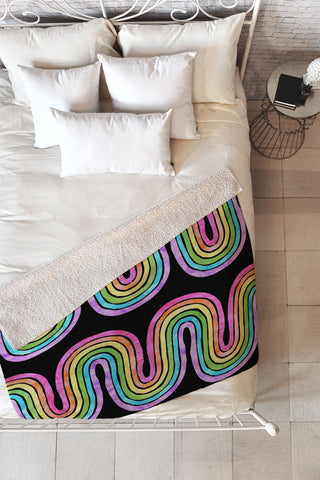 Schatzi Brown Rainbow Wave Black Fleece Throw Blanket