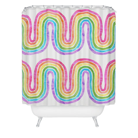 Schatzi Brown Rainbow Wave White Shower Curtain