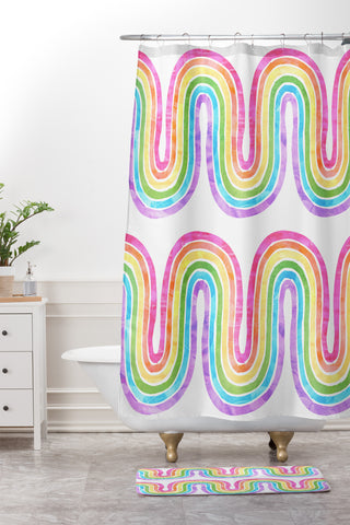 Schatzi Brown Rainbow Wave White Shower Curtain And Mat