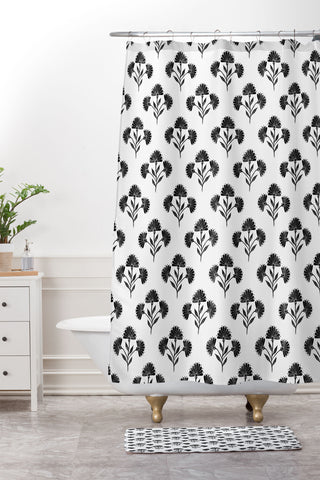 Schatzi Brown Suri Floral Black and White Shower Curtain And Mat