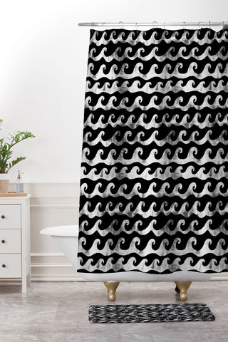 Schatzi Brown Swell Black and White Shower Curtain And Mat