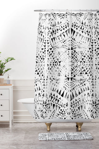Schatzi Brown Tribal Triangles white black Shower Curtain And Mat