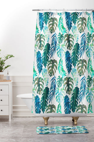 Schatzi Brown Tropical Leaf 2 Green Shower Curtain And Mat