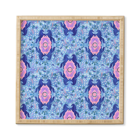 Schatzi Brown Unicorn Damask Light Blue Framed Wall Art