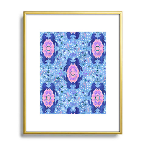 Schatzi Brown Unicorn Damask Light Blue Metal Framed Art Print