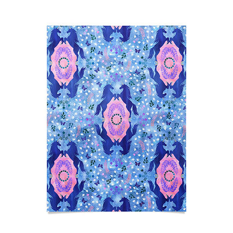 Schatzi Brown Unicorn Damask Light Blue Poster