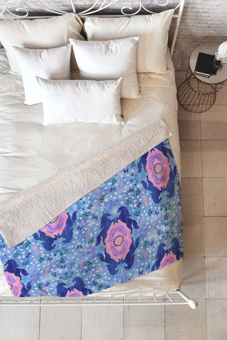 Schatzi Brown Unicorn Damask Light Blue Fleece Throw Blanket