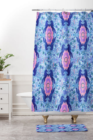 Schatzi Brown Unicorn Damask Light Blue Shower Curtain And Mat