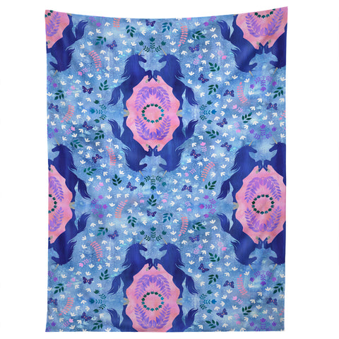 Schatzi Brown Unicorn Damask Light Blue Tapestry