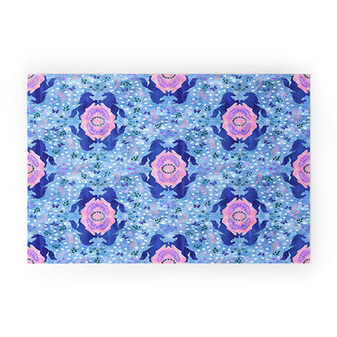 Schatzi Brown Unicorn Damask Light Blue Welcome Mat