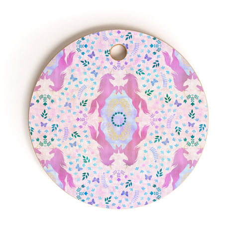Schatzi Brown Unicorn Damask Pink Cutting Board Round