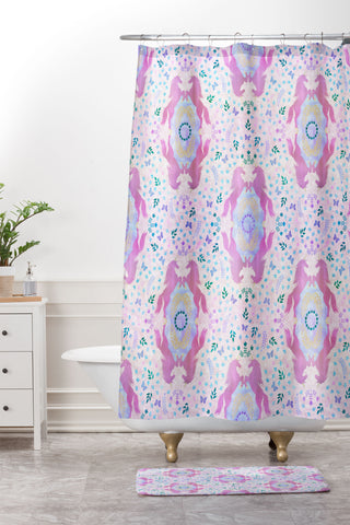 Schatzi Brown Unicorn Damask Pink Shower Curtain And Mat