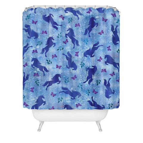 Schatzi Brown Unicorn Toss Light Blue Shower Curtain