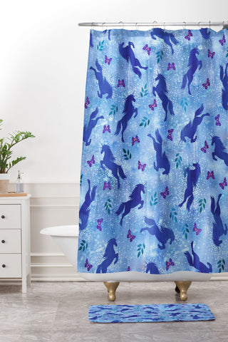Schatzi Brown Unicorn Toss Light Blue Shower Curtain And Mat
