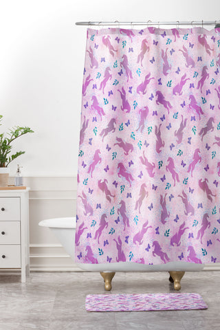 Schatzi Brown Unicorn Toss Pink Shower Curtain And Mat