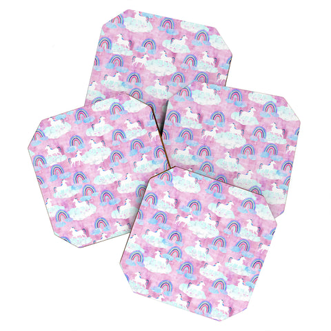Schatzi Brown Unicorns and Rainbows Pink Coaster Set