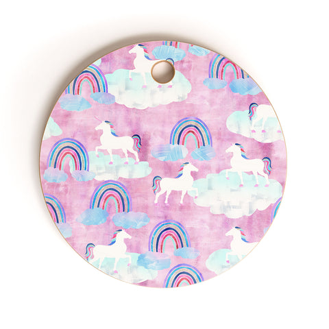 Schatzi Brown Unicorns and Rainbows Pink Cutting Board Round