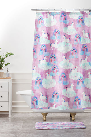 Schatzi Brown Unicorns and Rainbows Pink Shower Curtain And Mat