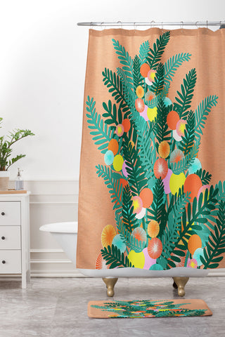 Sewzinski Berry Branches Green Orange Shower Curtain And Mat