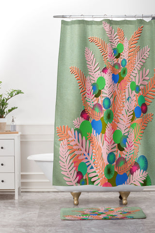 Sewzinski Berry Branches Pink Green Shower Curtain And Mat
