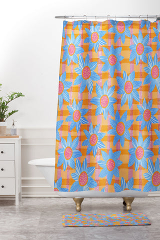 Sewzinski Blue Flowers on Gingham Shower Curtain And Mat