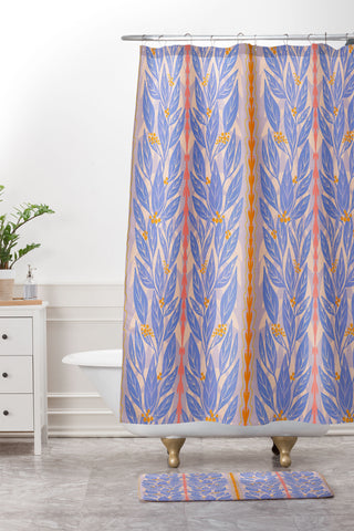 Sewzinski Blue Leaves on Lavender Shower Curtain And Mat