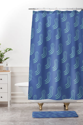 Sewzinski Blue Squiggles Pattern Shower Curtain And Mat